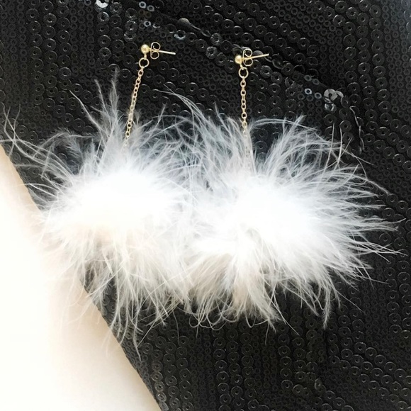 Fluffy Feather Pom Pom Chain Earrings - Picture 1 of 3